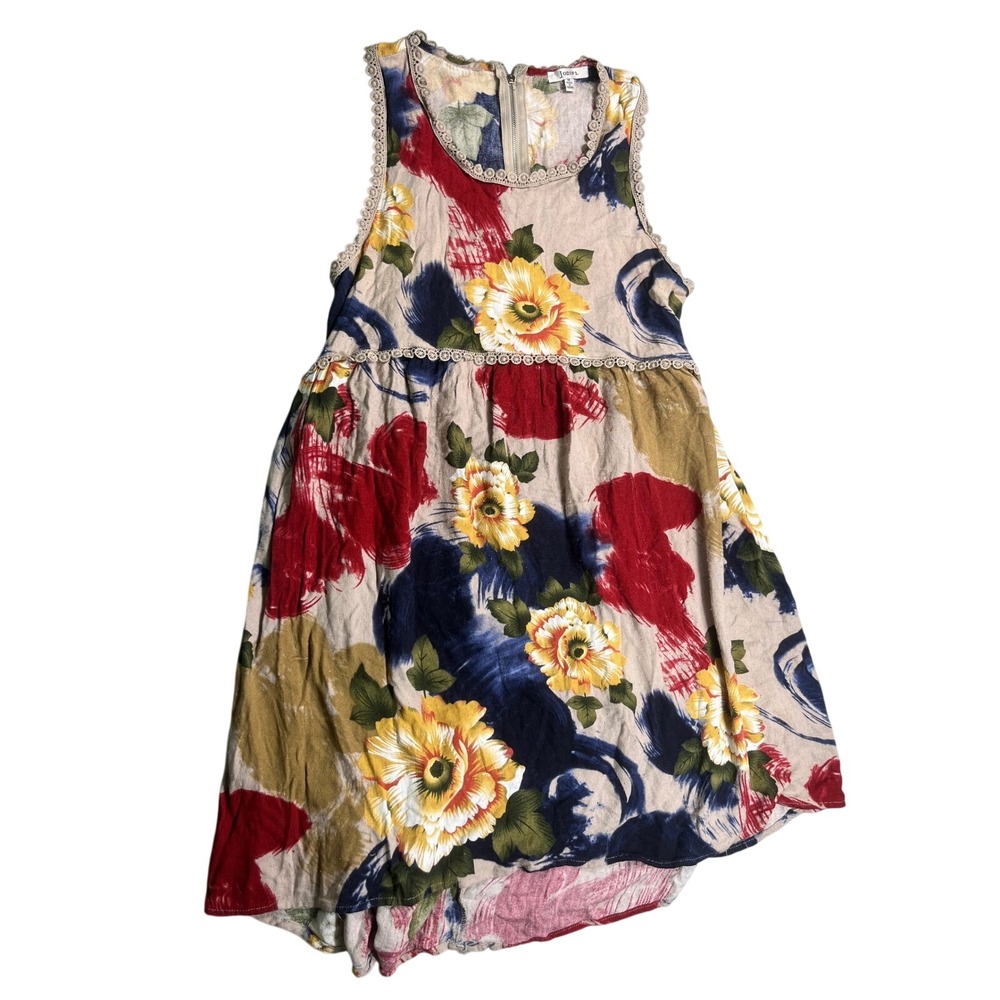 Jodifl Womens M Floral Boho Midi Dress 100% Rayon Crochet Trim High Low